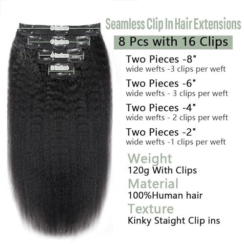 Seamless Clip in Hair Extensions Real Human Hair Kinky Straight Clip ins Brazilian Virgin Human Hair Extensions for Women 8Pcs PU Clip in Remy Hair Skin Weft 18Clips 120g (26inch,Natural Black)