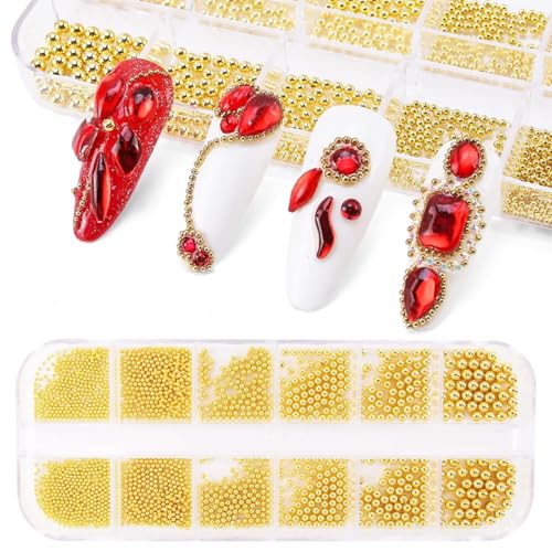 0.8mm Gold Nail Charms Caviar Beads for Nails 6 Sizes Mini Small Stainless Steel Beads Nails Art Decorations Gun Grey DIY Tool Nail Studs Accessories Gold Charms for Nails (Light Gold)