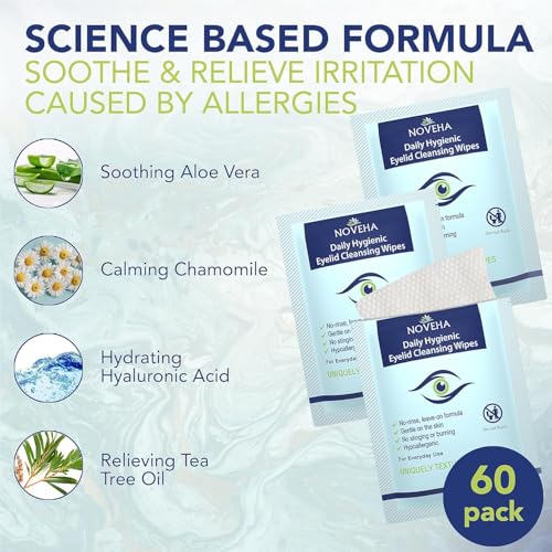 NOVEHA 180Pcs Daily Hygienic Eyelid & Lash Wipes | 120 Individually Wrapped Cleansing Eyelash Wipes - For Blepharitis & Itchy Eyes, Demodex and Natural Makeup Remover & Daily Cleanser (3 Pack)