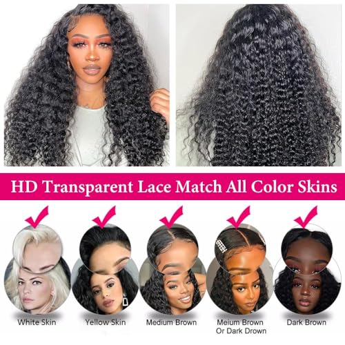 JIETAI 4x4 Curly Human Hair Wig 180% Density Deep Wave Lace Front Wig Glueless Wigs Human Hair Pre Plucked Curly Wig HD Lace Wig for Black Women (32 Inch)