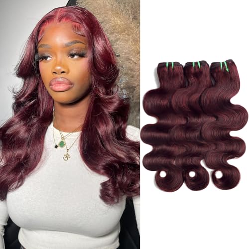 13A Double Drawn 99J Dark Burgundy 3 Bundles Body Wave Human Hair, Double Lifespan Than Regular Hair, Keep Silky And Soft After Washes Colored #99J Wine Cheery Red Bundles Raw Hair 10 12 14 IN