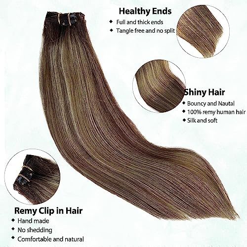 Human Hair Clip in Extensions Brown to Blonde Balayage Clip ins Extensions Remy Human Hair 16 Inch Clip on Extension Bleach Blonde Highlights Hair Extensions for Women Clip in 7Pcs 70g