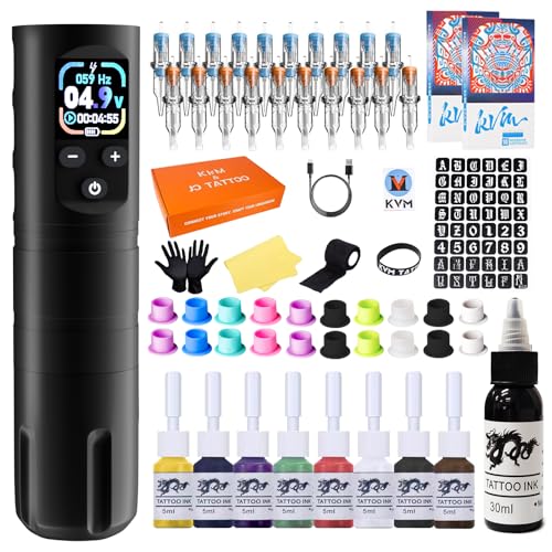 KVM Wireless OLED Tattoo Pen Kit Tattoo Gun Kit Cartridges Wireless Rotary Tattoo Gun Kit Includes 57 Tattoo Accessories Suitable for Tattoo Artists£¨Tattoo ink are for tattoo practice use only£©