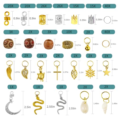241 PCS Hair Jewelry for Braids and Locs - Metal Gold Silver Clips, Shells, Imitation Wood Beads, Charms, Adjustable Cuffs, Rings for Women and Girls