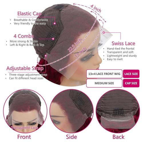 13x4 Deep Wave Lace Front Wigs Human Hair 99j Burgundy Curly Lace Frontal Glueless Wigs Pre Plucked 180% Density Color Wigs for Women (20inch)