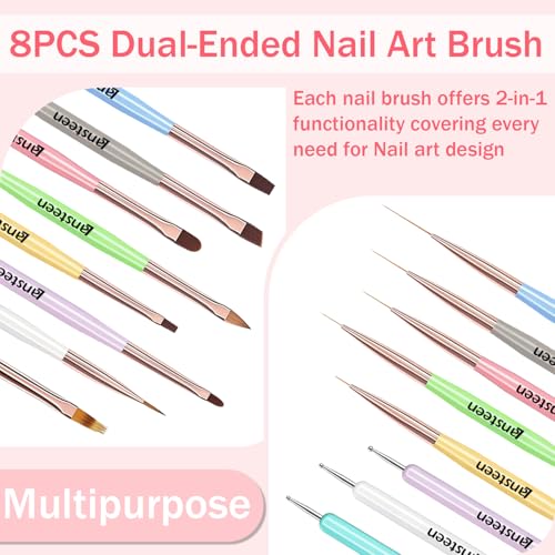 Nail Art Brushes Set, 8pcs Double-Ended Nail Design Brushes with Polish Brushes, Dotting Pen, Nail Liner Brush, Carved Brush, Extension Gel Brush, Painting Drawing Brush and Builder Brush