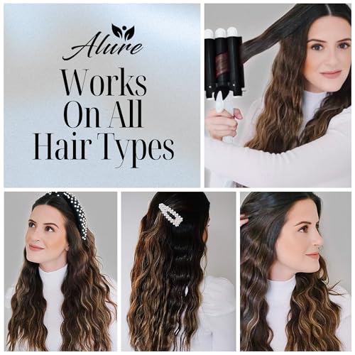 Alure Three Barrel Curling Iron Wand Hair Waver with LCD Temperature Display - 1 Inch Ceramic Tourmaline Triple Barrels, Dual Voltage Crimp (Black/White)