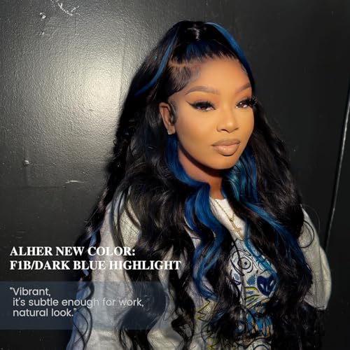 ALHER Black Mix Midnight Blue Bundle Human Hair Body Wave, 12A Soft Thick 3 Bundles Wavy Human Hair, 100% Remy Hair Balayage Two Tone Subtle Colored Double Weft (#1B/Blue, 12 14 16 IN)