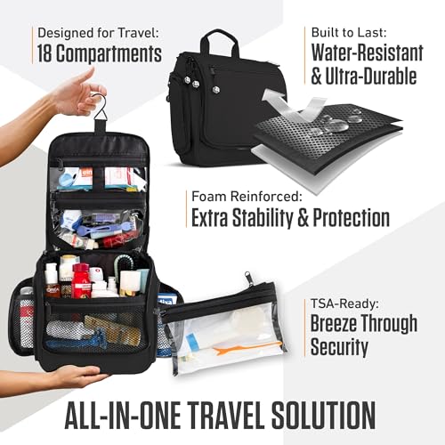VENTURE 4TH Hanging Travel Toiletry Bag for Women & Men - Travel Organizer with Expandable Compartments & Removable Clear Pouch for Toiletries (Black)