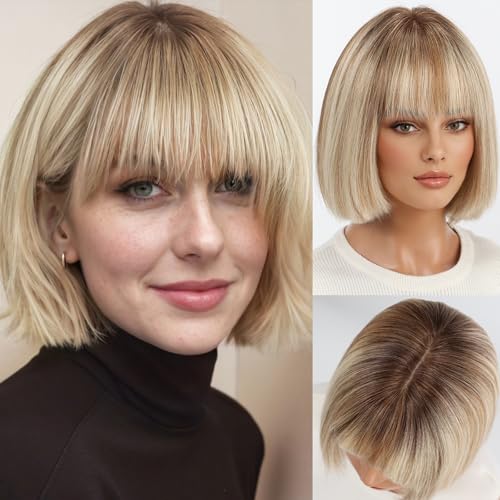 starluck Real Human Hair Wigs for Women, 10 Inch 100% Luxury Virgin Bob Sleek Wig Human Hair with SilkHug Cap, Natural for Daily & Parties Light Blonde with Light Brown with Blunt Bangs (T4/613/6#)