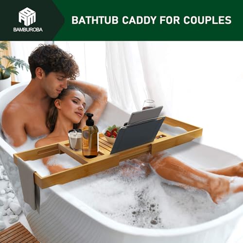 Foldable Bamboo Bathtub Caddy Tray Expandable for Luxury Bath, Bath Accessories & Table with Wine Glass Holder, Book Stand Bathroom Organizer with Extending Sides for Men/Women