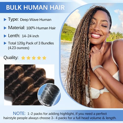 Human Braiding Hair for Boho Braids 14Inch 120g 12A Deep Water Wave Braiding Hair for Curly Boho Hair Braiding Knotless Bulk Bohemian Natural Black