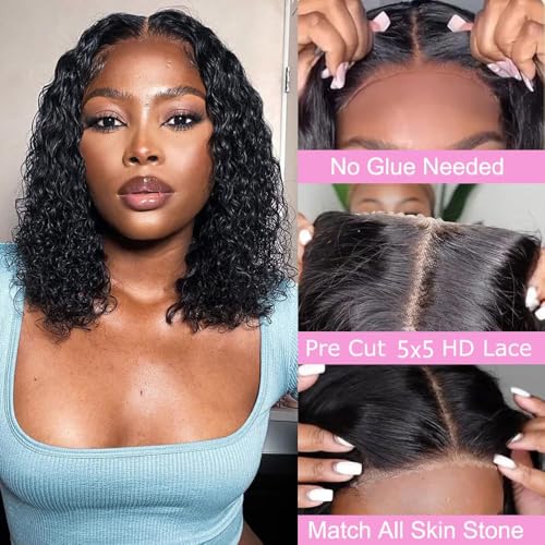 Wear and Go Glueless Wigs Human Hair Pre Plucked Pre Cut 5x5 HD Lace Closure Wigs Human Hair Ready to Wear Water Wave Lace Front Glueless Wig for Black Women Curly Wig Natural Black 16 Inch