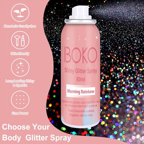 Boko Body Glitter Spray, 60ML Holographic Silver Glitter Spray for Body Hair Clothes, Quick-Drying and Long-Lasting Glitter Hairspray Body Shiny for Festival Music Concert Party Rave Accessories