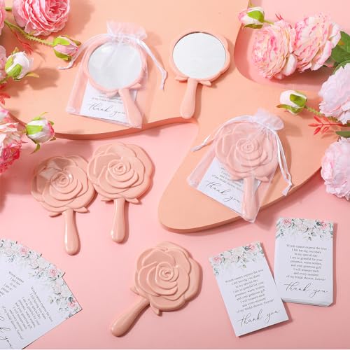 Wenqik 24 Sets Bridal Shower Favors Rose Compact Mirrors Bulk Wedding Favors for Guests Rose Compact Handheld Mirrors with Thank You Cards and Organza Bags Wedding Party Guests Souvenir Gifts (Pink)