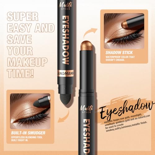 LANGMANNI 8Colors Dual-Ended Cream Eyeshadow Stick Set ? Silky Smooth, Waterproof & Transfer-Proof, Built-in Blender Brush, All-Day Matte & Shimmer Wear Eye Makeup(#A)