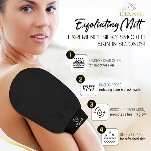 L'Exfose Kessa Hammam Deep Exfoliating Glove 2pc - Korean Exfoliating Mitt for Shower Ideal for Dead Skin Remover, Keratosis Pilaris & Self-Tanning to Improve Skin Tone Made with 100% Natural Viscose