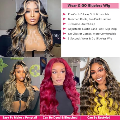 Wear and Go Glueless 5x5 Honey Blonde Wigs Human Hair Pre Plucked Cut 1B/27 Body Wave Lace Front Wigs Human Hair for Black Women 180% Density 28Inch