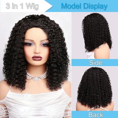 Kinky Curly Half Wigs 100% Human Hair 180 Density 3 In 1 Seamless Flip Over Half Wigs Kinky Burmese Curly Deep Water Wave Glueless Wear and Go Wig Drawstring Headband Ponytail Wig for Women 20 Inch