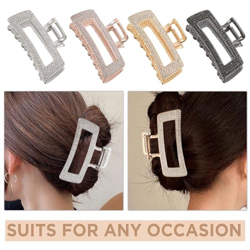 3.5 Inch Square Metal Large Claw Clips, 4 Pack Rhinestones Hair Clamps for Women and Thinner,Thick hair styling,Strong Hold jaw clips