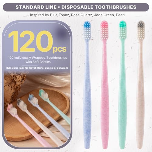 120-Pack Disposable Toothbrushes Individually Wrapped, Soft Bristle Bulk Travel Toothbrush for Adults, Kids, Guest, Hotel, Home, Camping, Donation ? 4 Colors, Mini Manual Value Pack