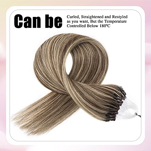 Senmy Micro Link Hair Extensions Human Hair Brown with Blonde Highlight 18inch Micro Beads Human Hair Extensions 0.5g/strand 50g/pack Micro Loop Extensions Human Hair Invisible Beaded Hair Extensions