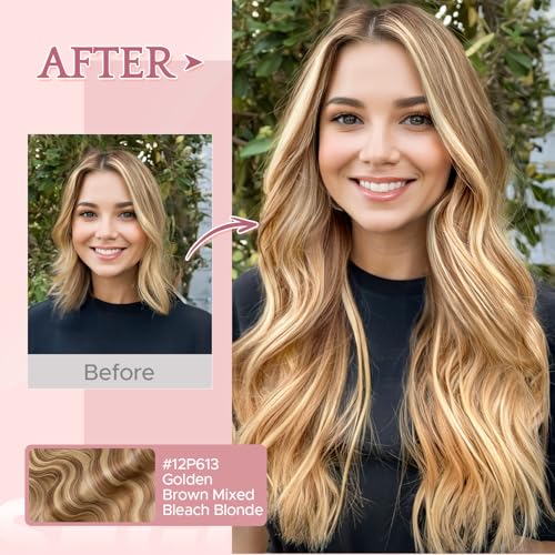 SEGO Invisible Wire Hair Extensions, Real Human Hair Adjustable Wire Extensions, 2 Clips for Women Transparent Fish Line Extensions, Add Length, 22 inches, Golden Brown Mixed Bleach Blonde, 75g