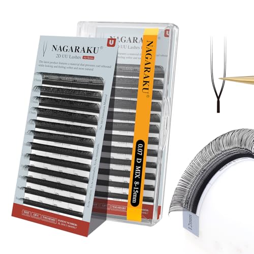 NAGARAKU U Eyelash Extensions Supplies 2D UU Lash Easy Fan Russian Volume Crisscross Eyelashes Handwoven U Shaped Mesh Wispy Clusters 12 Rows Eye Lashes Matte Black - 0.07D Curl 8-15 Mix