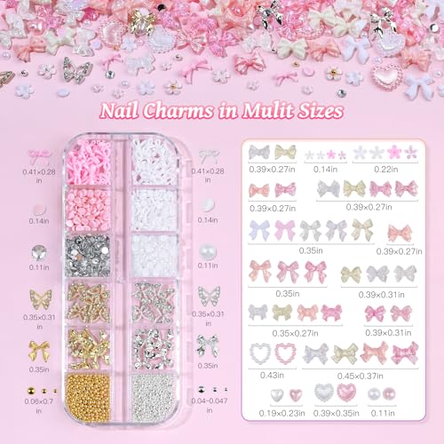 2 Boxes 3D Bow Nail Charms and Gems, Pink White Bows Flowers Heart Petals Nail Art Charms Gold Silver Alloy Bowknot Butterfly for Nails Flatback Pearls Rhinestones Caviar Beads for Women Nail Design
