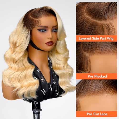 Wiggins Ombre 4/613 Blonde Layered Wig Human Hair Body Wave 6x8 Pre Cut Layered Human Hair Wig Side Part Glueless Wigs Pre Plucked Wigs For Black Women Beginner Friendly 16 Inch