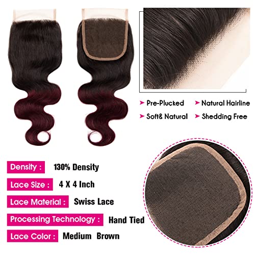 Ombre Brazilian Body Wave Human Hair Bundles With Closure Body Wave 3 Bundles with 4x4 Free Part Lace Closure 2 Tone Black to Burgundy Color Human Hair Extensions(T1B/99J, 18 20 22+14)