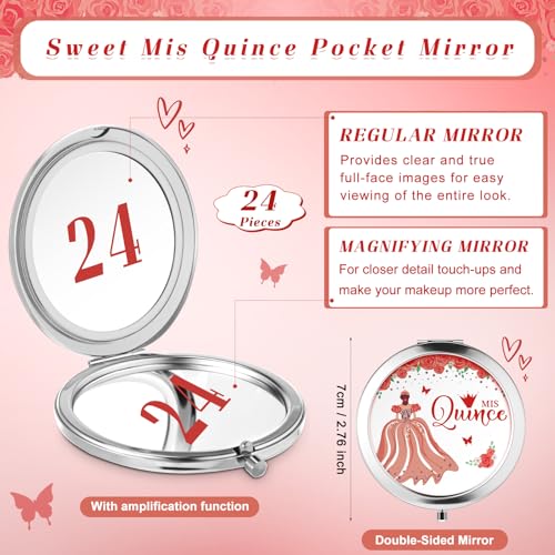 Menkxi 24 Sets Quinceanera Party Favors for Guests Mis Quince Compact Pocket Mirrors and Quinceanera Cards with Organza Bags for 15 Years Sweet Mis Quince Birthday Party Favor (Red)