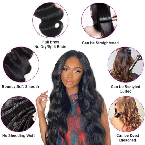 15A Raw Human Hair Bundles Body Wave Human Hair,Triple Lifespan Indian Virgin Hair,No Tangle Shedding,Multiple Washes Keep Texture Silky Soft (4 Bundles Natural Color, 14 16 18 20 Inch)