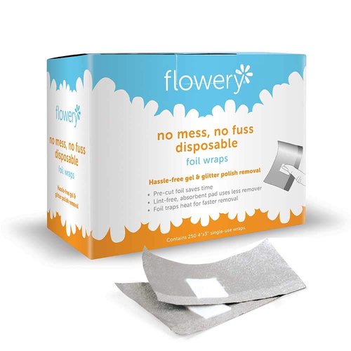 Flowery No Mess, No Fuss Disposable Foil Wraps, Pre-cut Soak-off, Gel, Glitter Nail Polish Remover, 250 wraps per pack