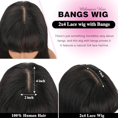Lace Front Wigs With Bangs 2x4 Human Hair Wigs For Women 200% Density Brazilian Virgin Hair Glueless Wig Natural Black Color(22 Inch)