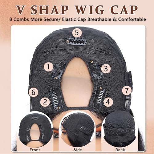 V Part Wig Human Hair Body Wave Upgrade U Part Human Hair Wig With Adjustable Drawstring 200% Density V Shape Clip In Half Wig For Women Natural Color 20 Inch
