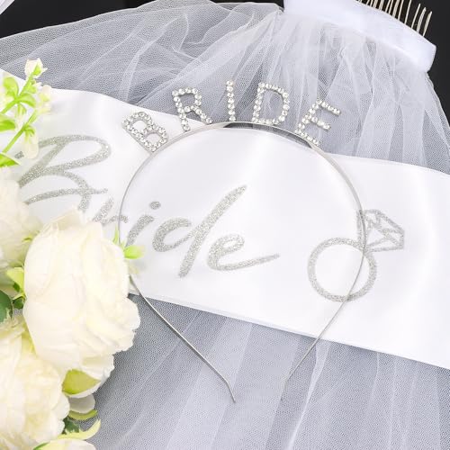 Bride Headband and Sash Veil for Bachelorette Party Tiara Veil for Wedding Bridal Shower Hairband With Veil Bridal Sash Wedding Headpiece for Bride