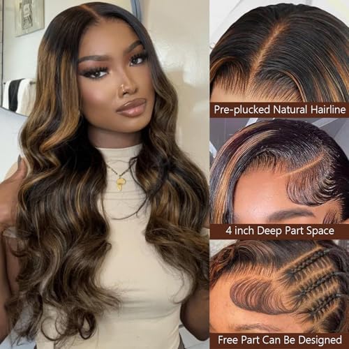 Ombre Lace Front Wig Human Hair 1B/30 Highlight Body Wave Lace Front Wigs Human Hair Colored 13x4 Brown Wig 180% Density Balayage Glueless HD Lace Frontal Wigs for Women 26 Inch