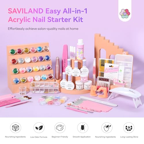 SAVILAND Essentials Acrylic Nail Kit: Premium Easy All-in-1 Nail Kit with Clear White Pink Acrylic Powder EMA Monomer Nail Drill Full Tools For Beginners Extension Carving Home DIY