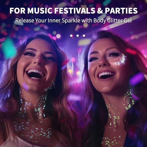 LATIBELL Glow in The Dark Body Face Glitter Gel for Women, 12 Colors Makeup Chunky Fine Glitter, UV Black Light Body/Face/Hair/Eyeshadow, Carnival Party(Not Loose Glitter)