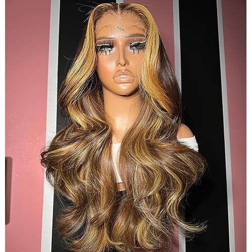 Transparent 13x6 HD Lace Front Wigs for Black Women Body Wave Ombre Highlight Brown with Honey Blonde Color 180% Density Pre Plucked Hailine and Bleached Knots (26Inch, 13x6 Lace Front Wig)