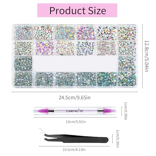 Canvalite 12 Types of 600Pcs Crystal Nail Charms & 5710Pcs Rhinestones for Nails Diamonds for DIY Crafts Flat Back Resin Rhinestones Transparent AB Gemstones Set with Drill Pen & Tweezer