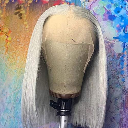 Smartinnov Grey Bob Wigs Human Hair 13x4 Lace Front Wigs Glueless Brazilian Remy Hair Straight for Women 8 Inch Pre Plucked Natural Hairline 180% Density Grey HD Lace Frontal Short Bob Wigs