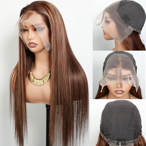 VIPbeauty 30 inch 4/27 Honey Blonde Lace Front Wig Human Hair 13x4 HD Transparent Lace Front Wigs Highlight Ombre Lace Front Wig Straight Lace Front Wigs 180% Density Pre Plucked with Baby Hair