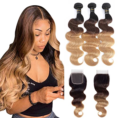 Shining Girl 12A Ombre Body Wave Bundles With Closure Brazilian Virgin Remy 100% Human Hair Ombre 3 Tone T1B/4/27 Color Human Hair Extensions 3 Bundles with 4x4 Lace Closure (18 20 22+16, 1B#/4#/27#)