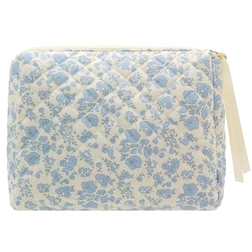 PAZIMIIK Quilted Makeup Bag Large Travel Zipper Soft Cosmetic Pouch for Women Girls Make Up,Little Flower Blue