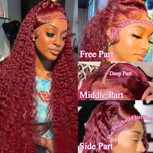 28 Inch Deep Wave Curly 99J Burgundy Lace Front Wigs Human Hair Red Colored Human Hair Wig For Black Women13x4 Curly Transparent Lace Front Wig Pre Plucked