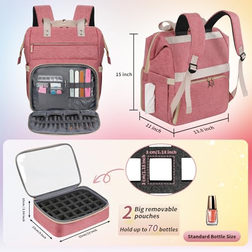 LTINVECK Nail Polish Organizer Case Backpack Holds 70 Bottles (15ml/0.5fl.oz)& Nail Lamp, 2 Layers Detachable Nail Kit Storage Case, Large Travel Nail Supplies Shoulder Bag for Manicure Tools (Pink)