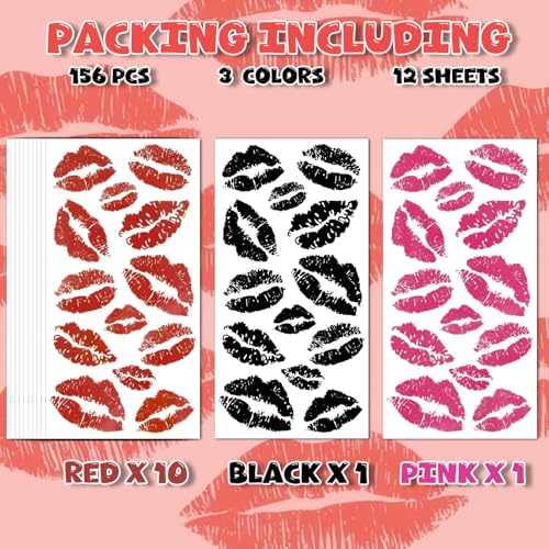 156Pcs Red Lip Kiss Tattoos Temporary - 12Sheets Pink Black Lip Prints Temporary Tattoos for Face Body Waterproof Bright Color Kisses Sticker