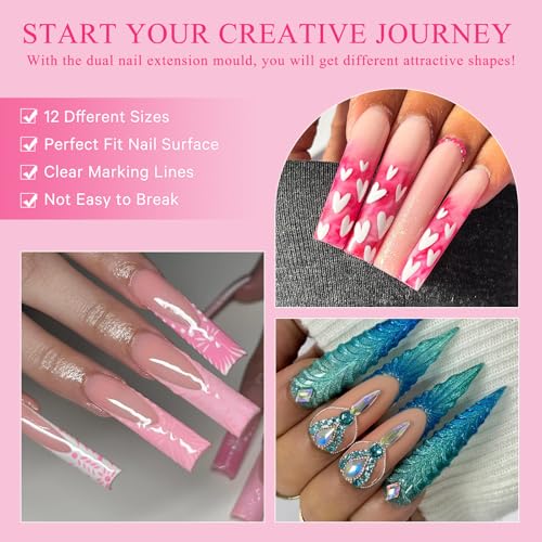 Nail Dual Forms for Poly Gel Set, 12 Styles 12 Sizes Nail Mold Extension Forms, 144Pcs Full Cover False Nail Tips, Duet System with 5pcs Nail Clips Nail Brush Nail Files Cuticle Trimmer